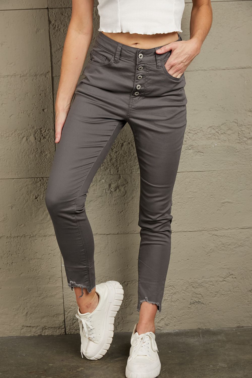 Button Fly Hem Detail Skinny Jeans - Gray / S - Bottoms - Pants - 1 - 2024