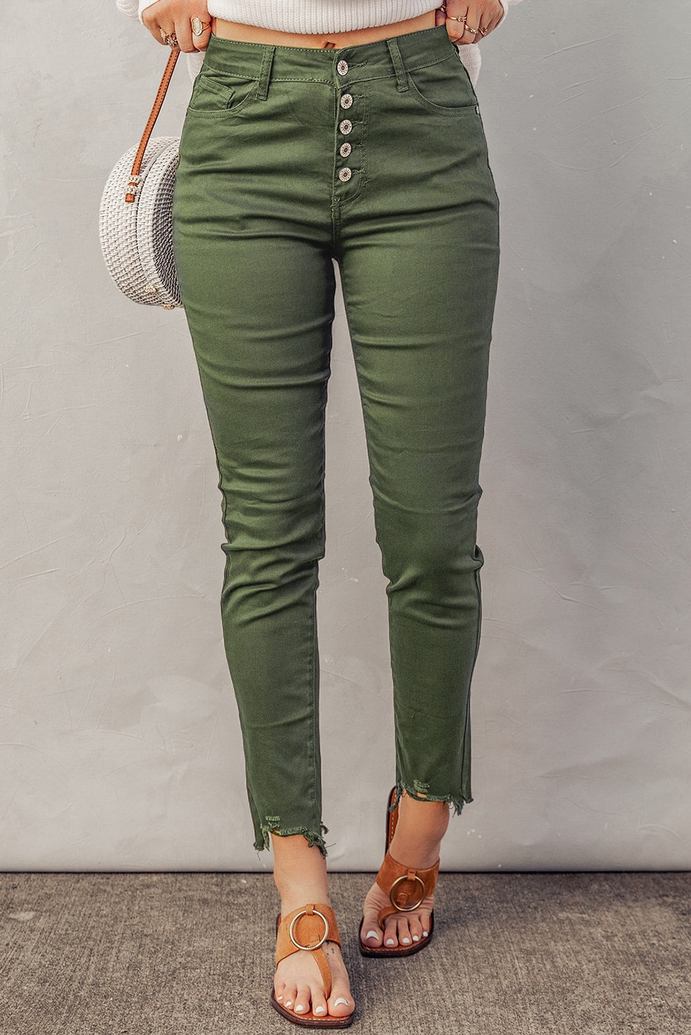 Button Fly Hem Detail Skinny Jeans - Green / S - Bottoms - Pants - 9 - 2024