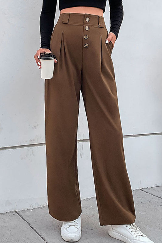 Button-Fly Pleated Waist Wide Leg Pants with Pockets - Brown / S - Bottoms - Pants - 1 - 2024