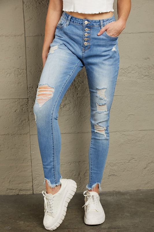Button Front Frayed Ankle Skinny Jeans - Blue / 4 - Bottoms - Pants - 1 - 2024