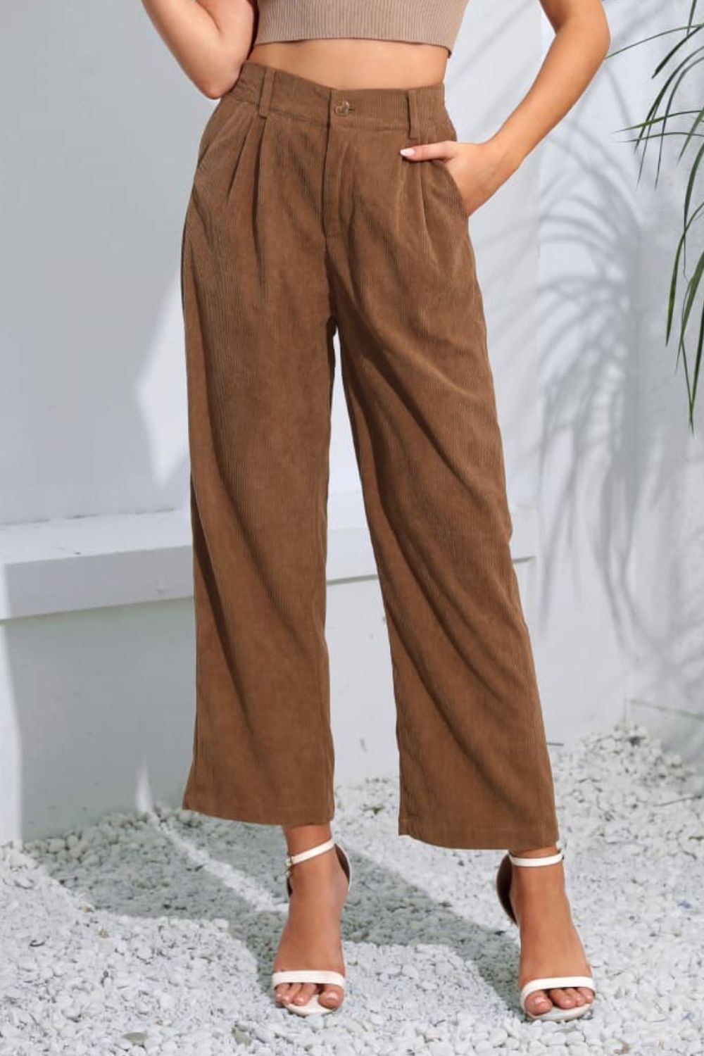 Buttoned Straight Hem Long Pants - Brown / S - Bottoms - Pants - 4 - 2024