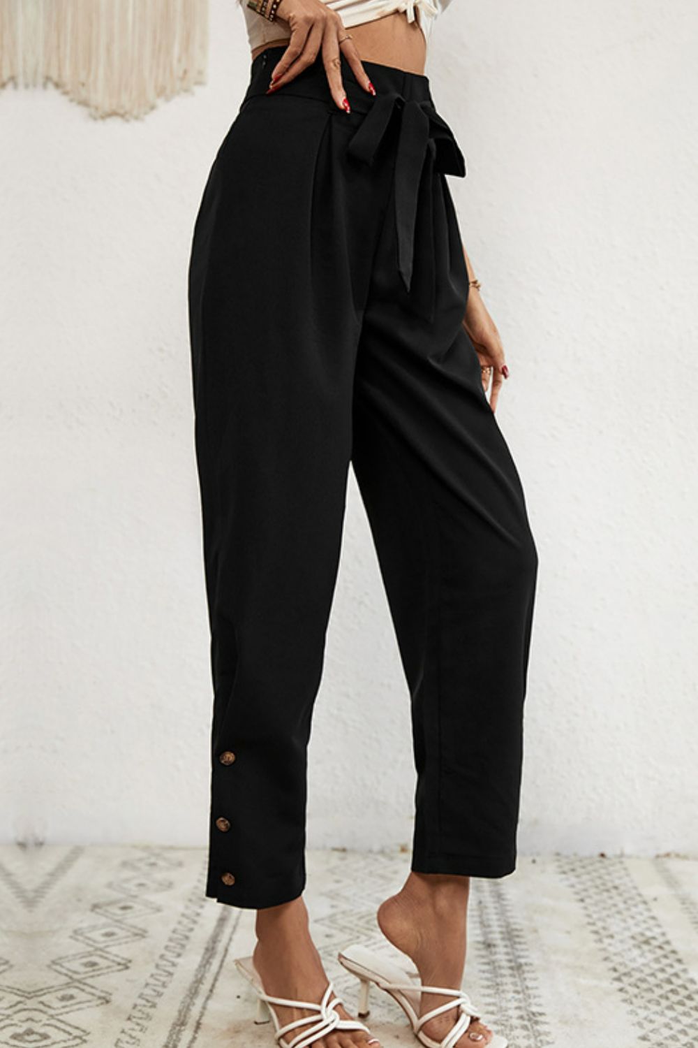 Buttoned Tie-Waist Cropped Pants - Bottoms - Pants - 3 - 2024