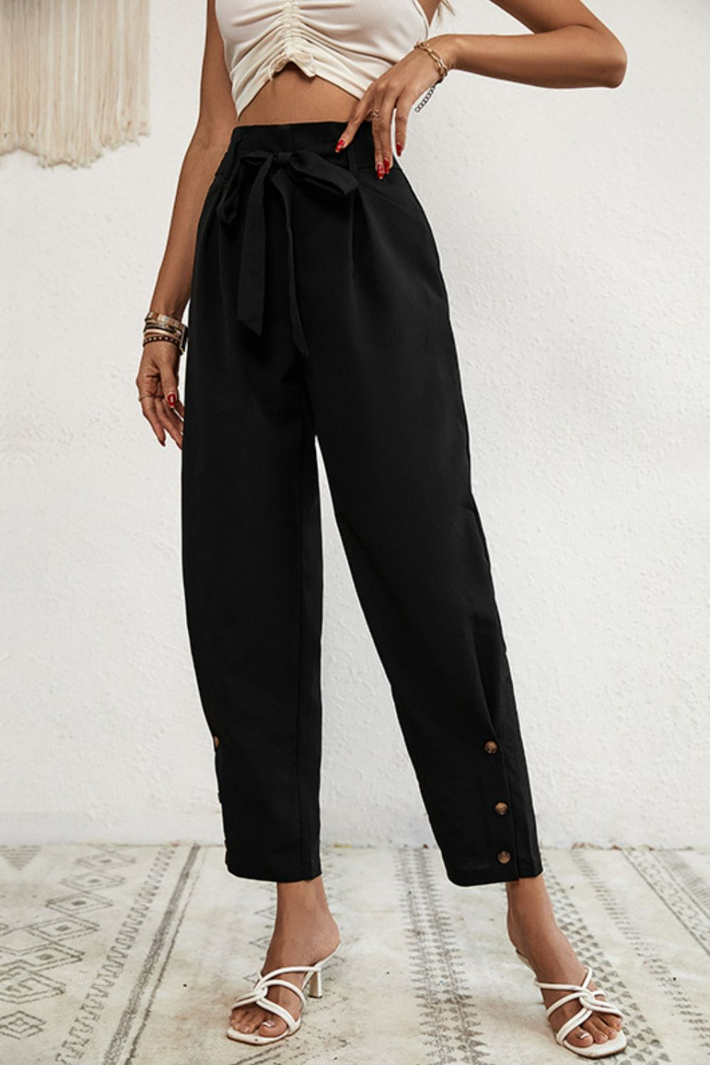 Buttoned Tie-Waist Cropped Pants - Bottoms - Pants - 4 - 2024