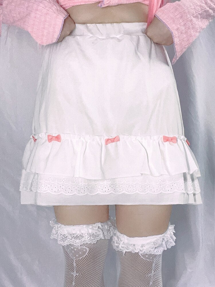 Cascading Ruffle Kawaii Skirt With Bow - White / L - Bottoms - Clothing - 7 - 2024