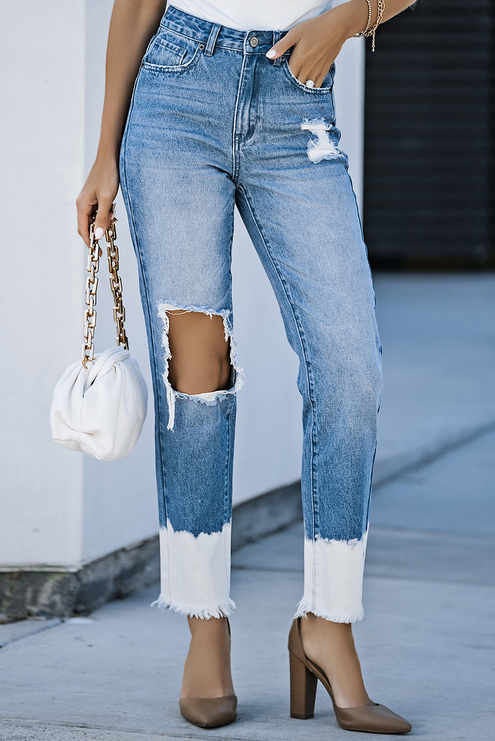 Contrast Distressed High Waist Jeans - Bottoms - Pants - 4 - 2024