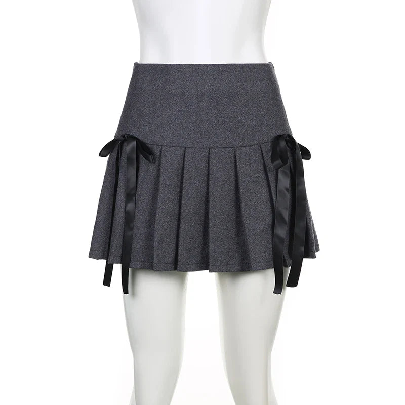 Coquette Aesthetic Outfits Double Bow Gray Pleated Mini Skirt - Bottoms - Mini Skirts - 5 - 2024