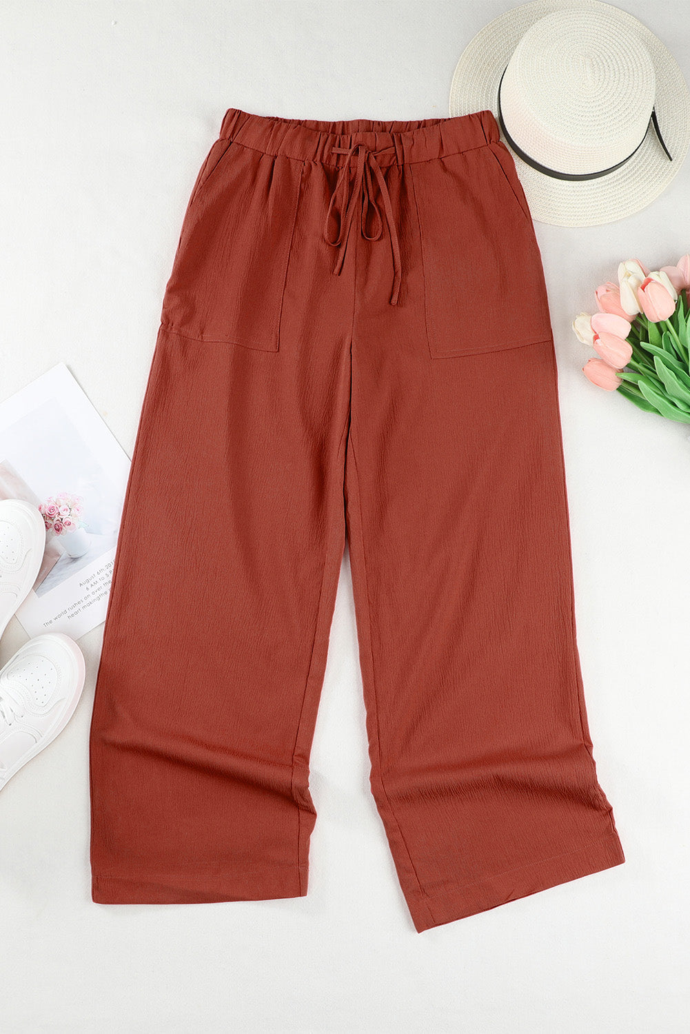 Crinkled Wide Leg Pants - Red / S - Bottoms - Pants - 10 - 2024
