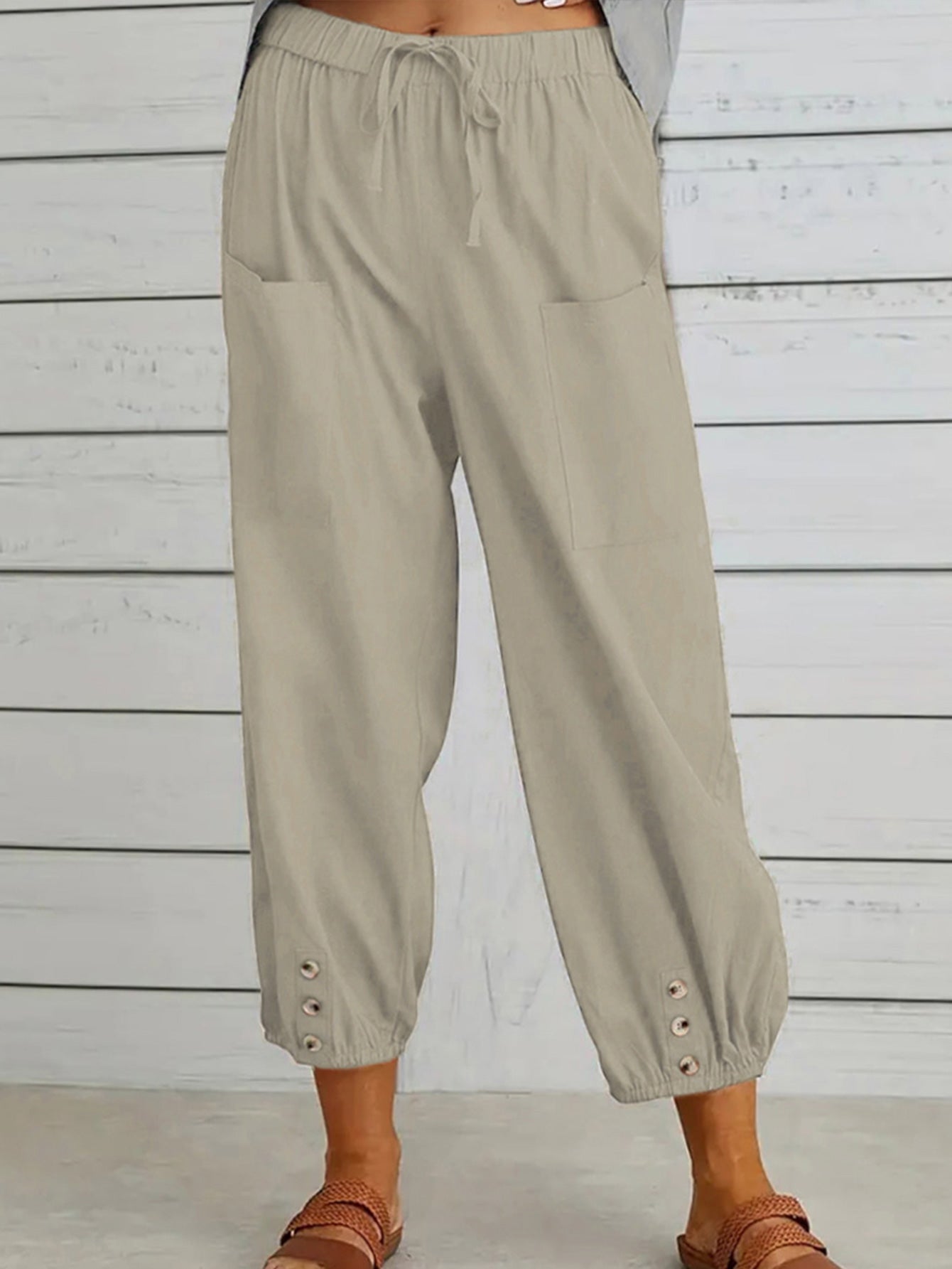 Decorative Button Cropped Pants - Beige / S - Bottoms - Pants - 1 - 2024