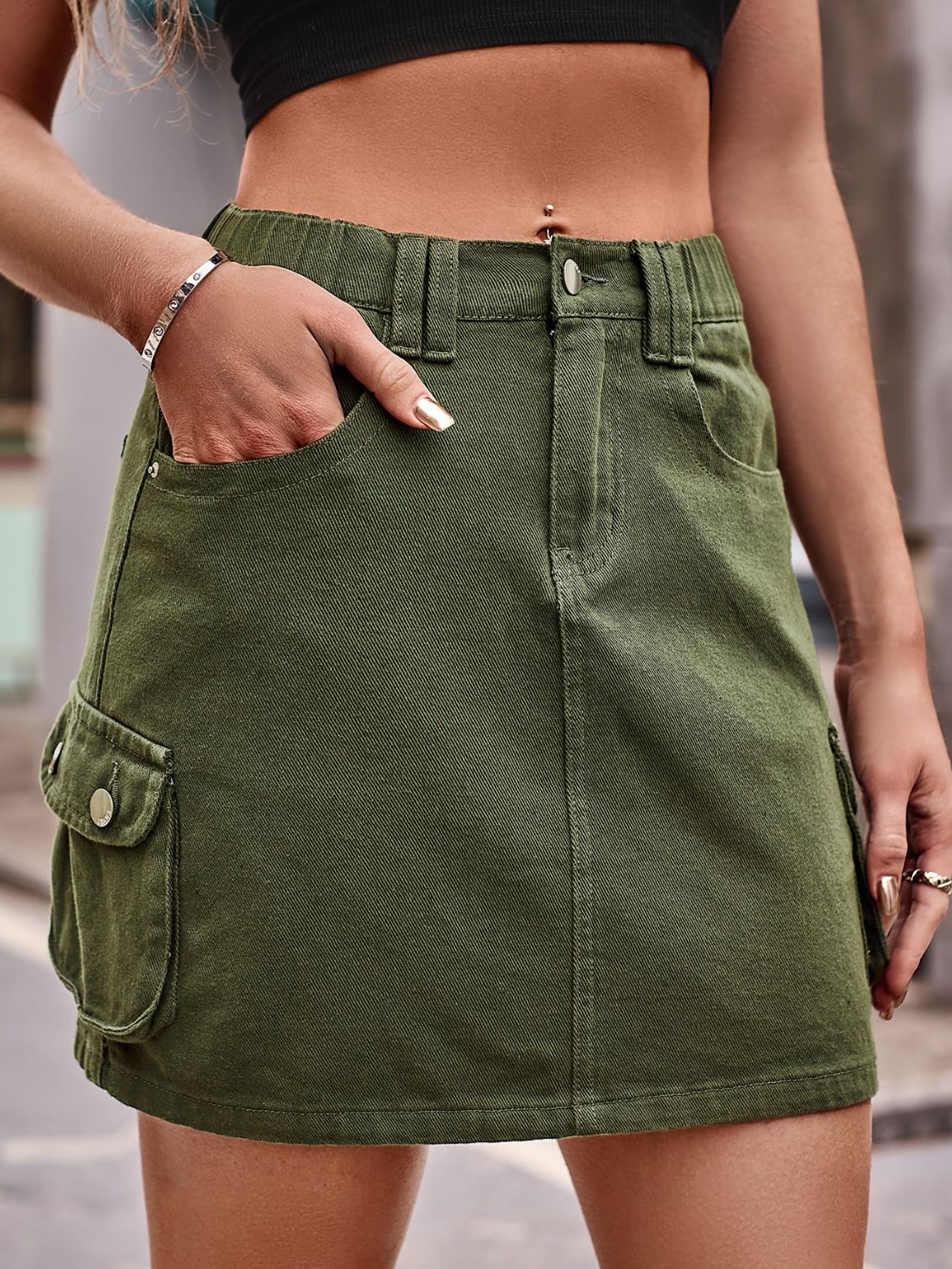 Denim Mini Skirt with Pockets - Green / S - Bottoms - Skirts - 5 - 2024