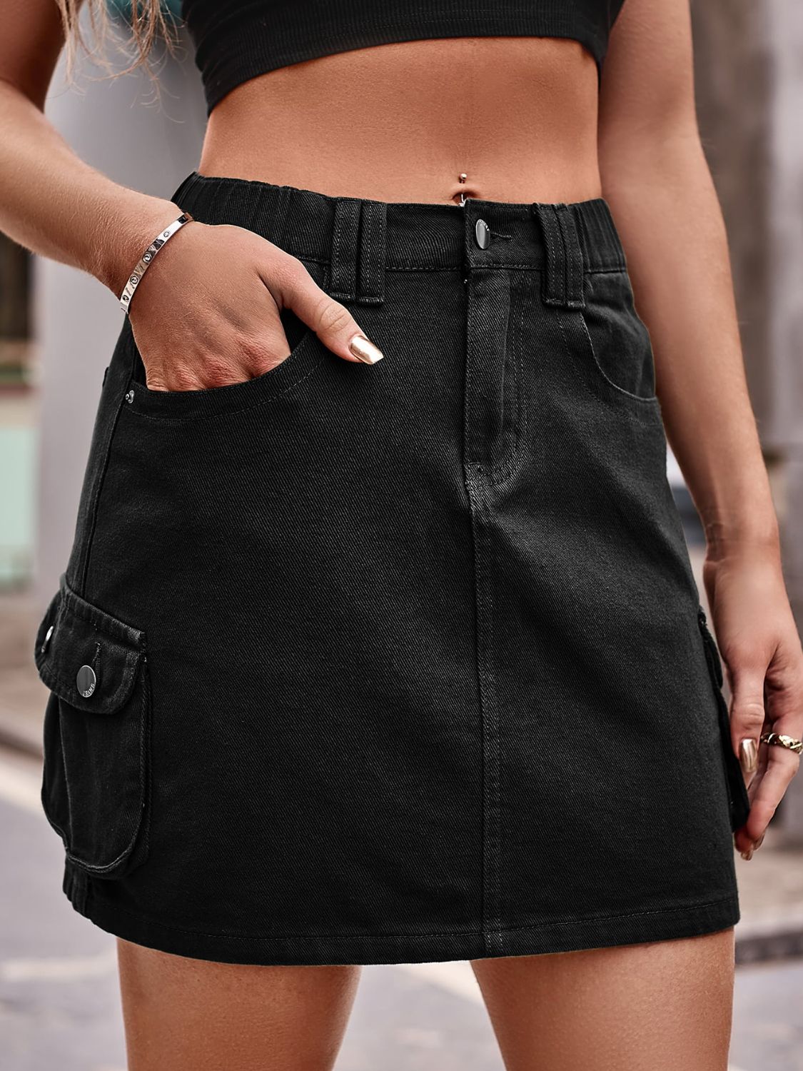 Denim Mini Skirt with Pockets - Black / S - Bottoms - Skirts - 9 - 2024
