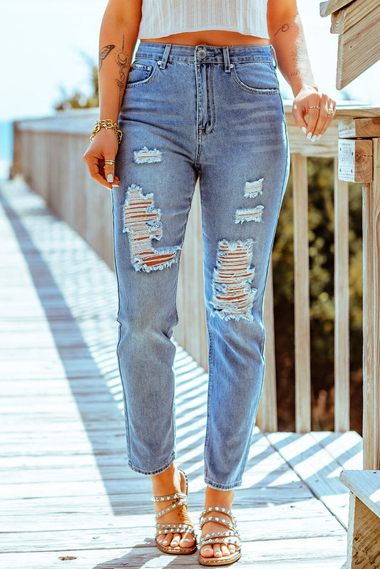 Distressed Ankle-Length Straight Leg Jeans - Blue / S - Bottoms - Pants - 1 - 2024
