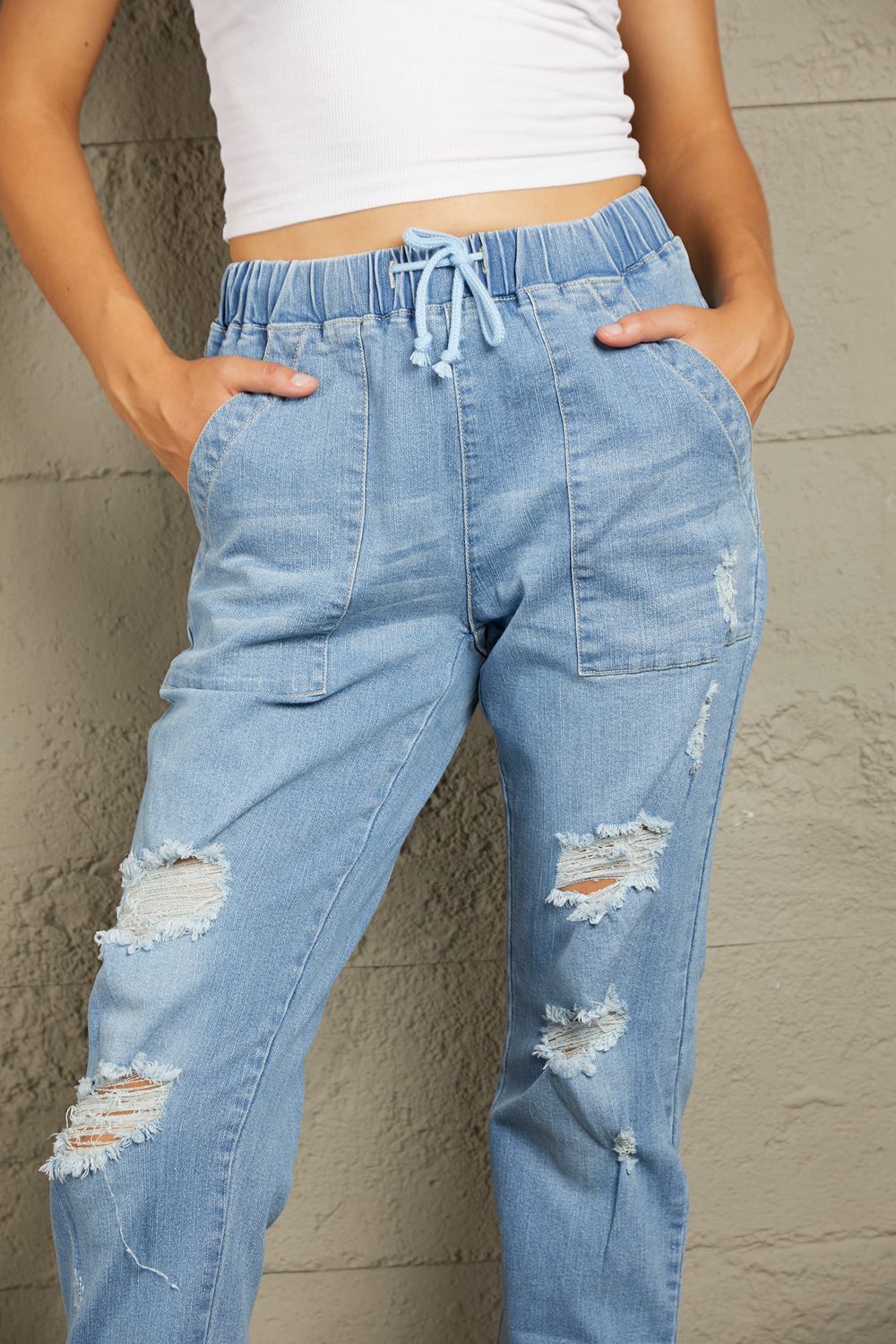 Distressed Denim Pocketed Joggers - Bottoms - Pants - 4 - 2024
