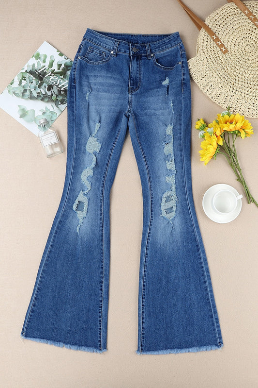 Distressed Frayed Hem Flare Jeans - Blue / S - Bottoms - Pants - 1 - 2024
