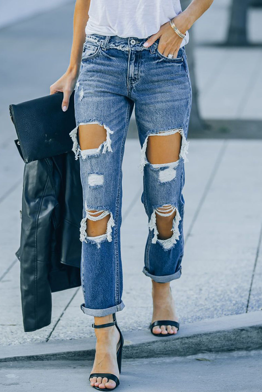 Distressed Frayed Trim Straight Leg Jeans - Bottoms - Pants - 11 - 2024