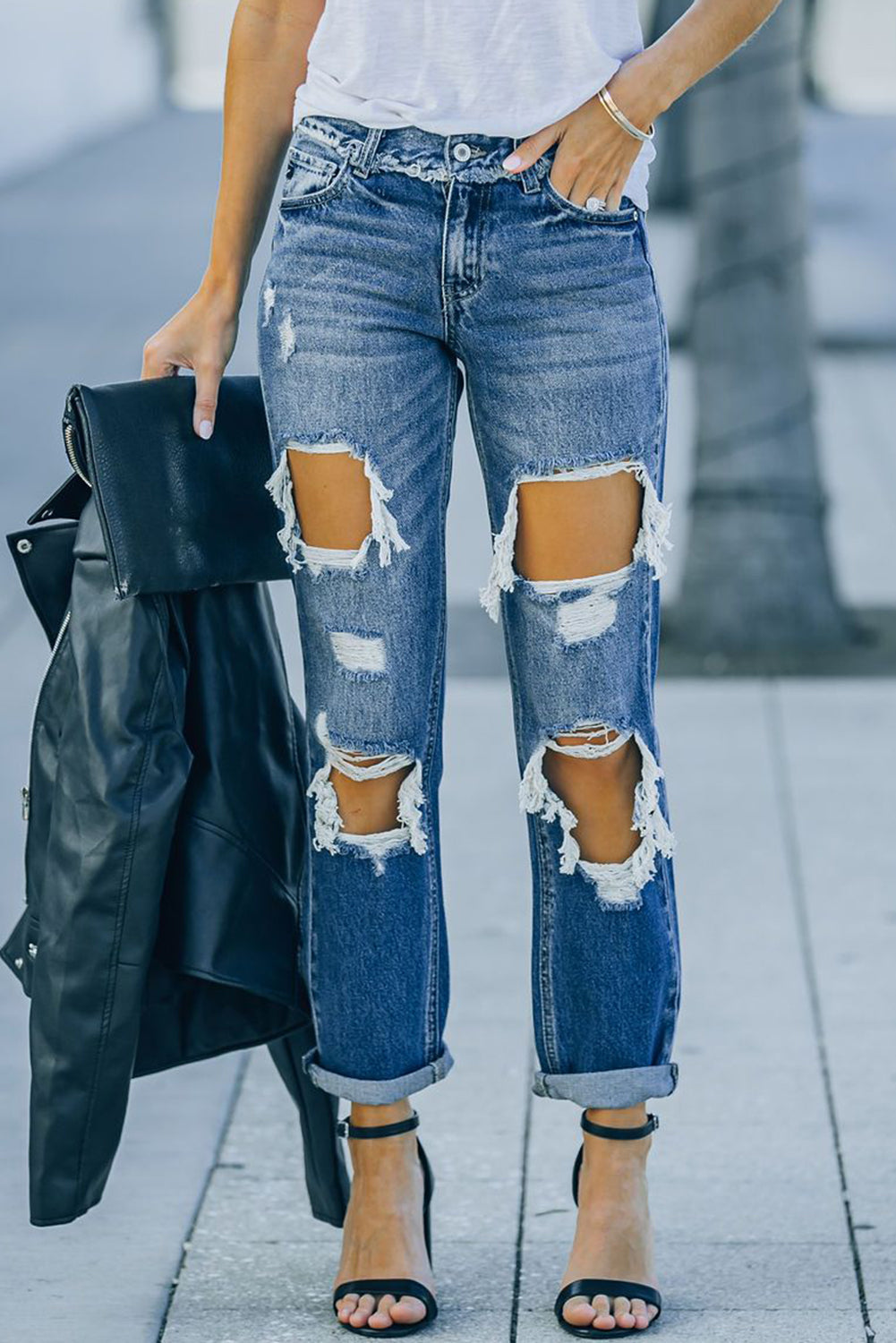 Distressed Frayed Trim Straight Leg Jeans - Bottoms - Pants - 10 - 2024