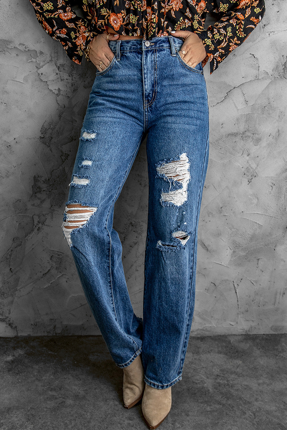 Distressed High Waist Jeans with Pockets - Blue / M - Bottoms - Pants - 4 - 2024