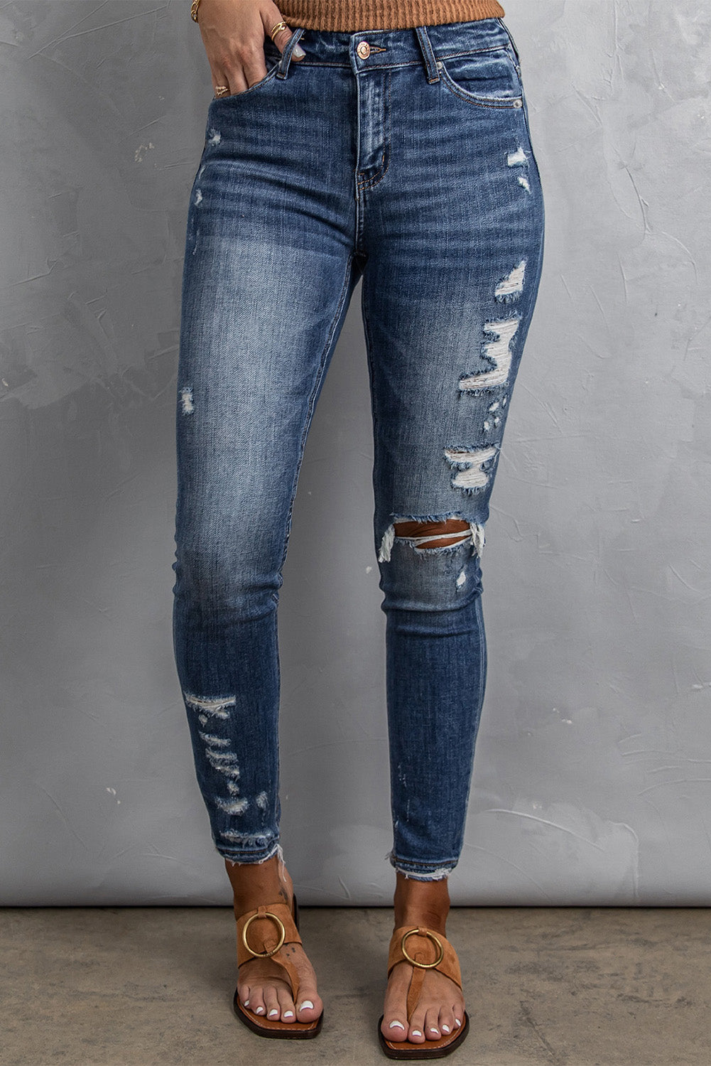 Distressed High Waist Skinny Jeans - Dark Blue / S - Bottoms - Pants - 1 - 2024