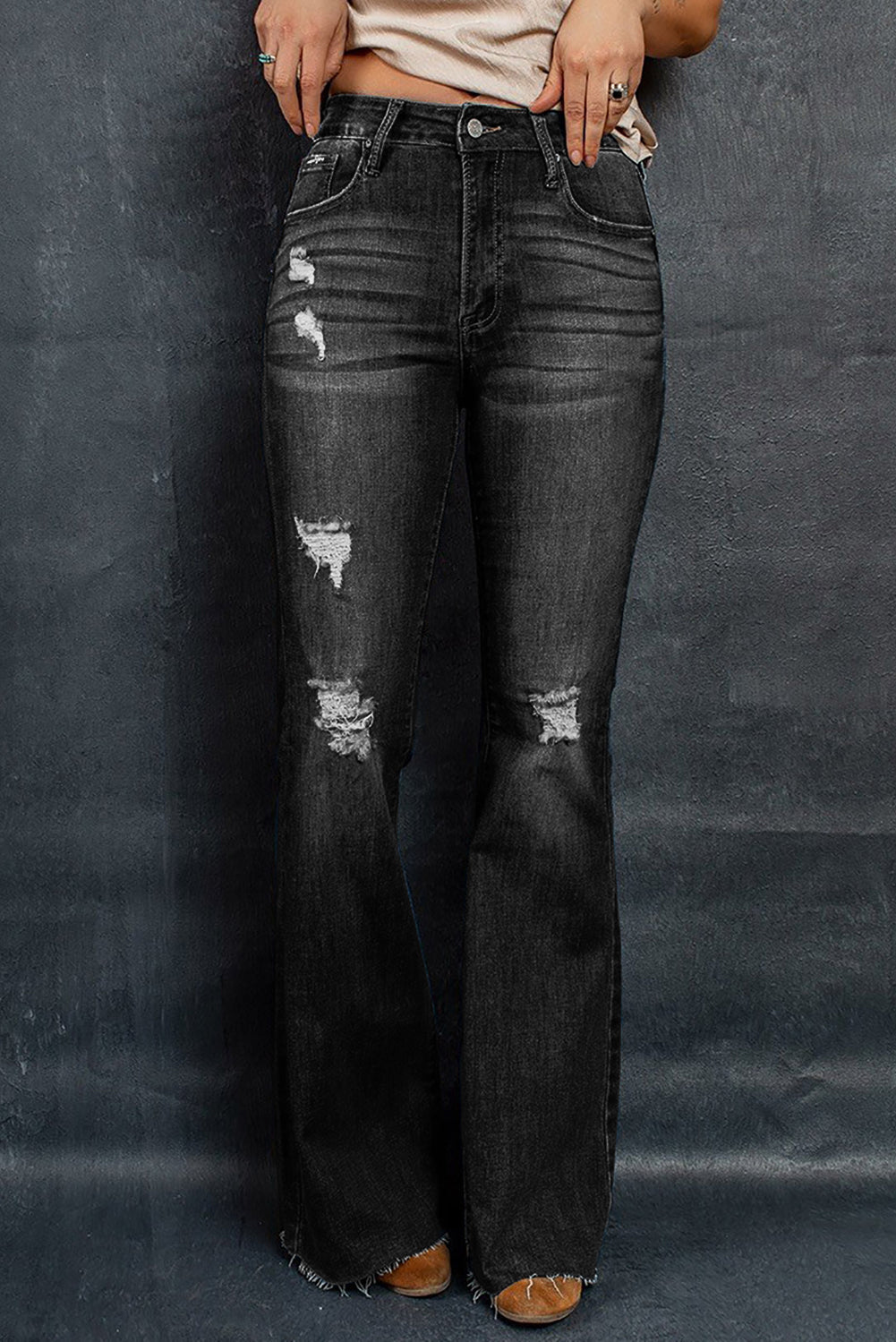 Distressed Raw Hem Flare Jeans - Dark / 4 - Bottoms - Pants - 4 - 2024
