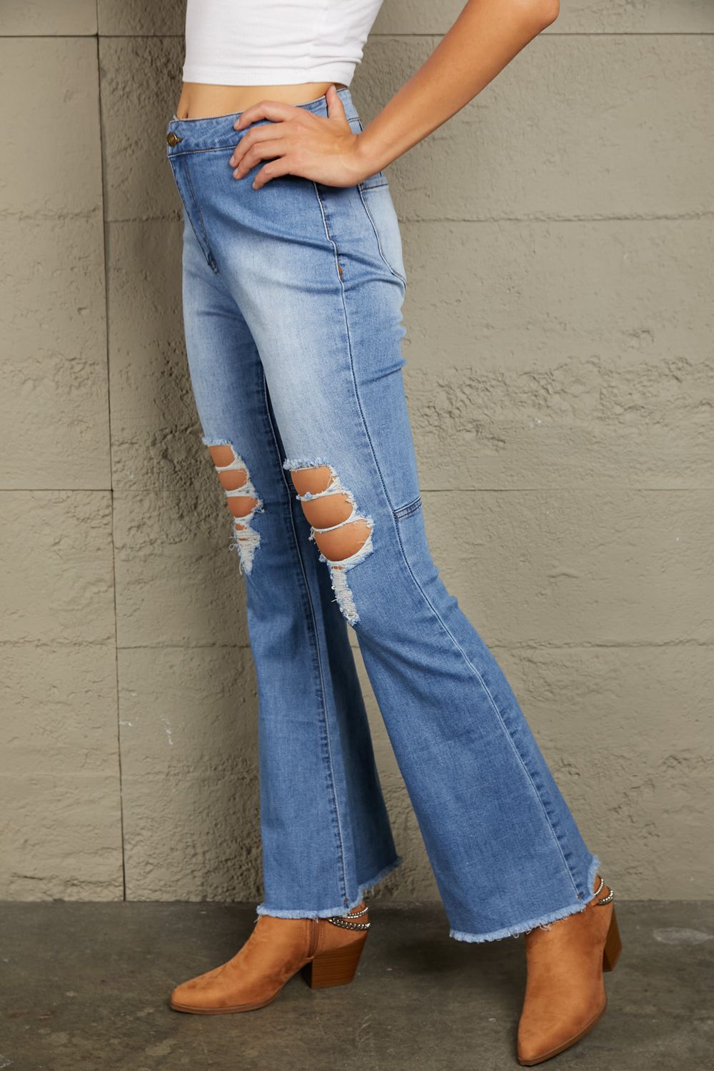 Distressed Raw Hem High-Waist Flare Jeans - Bottoms - Pants - 3 - 2024