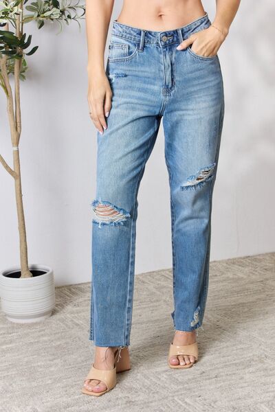 Distressed Raw Hem Straight Jeans - Bottoms - Pants - 2 - 2024