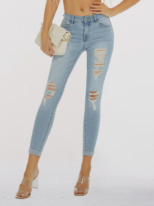 Distressed Skinny Cropped Jeans - Blue / 2 - Bottoms - Pants - 1 - 2024
