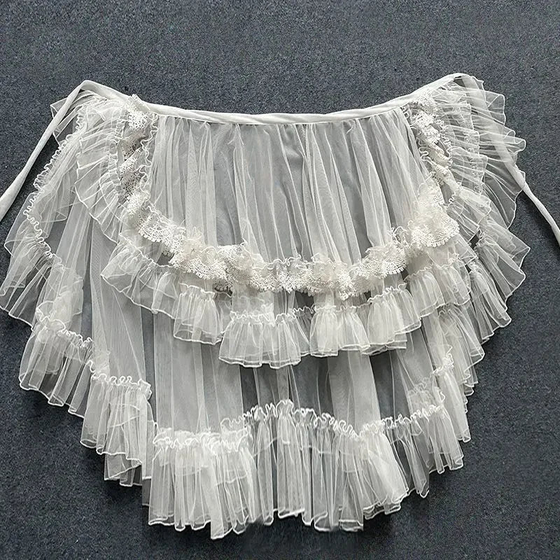 Double-Layered Waist Curtain Skirt - Asymmetrical Ruffle High-Low Cover-Up - White / M / 60cm - Bottoms - Skirts - 8