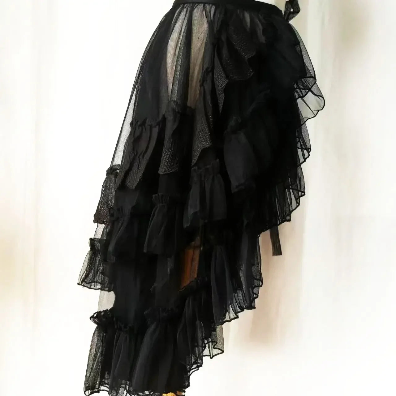 Double-Layered Waist Curtain Skirt - Asymmetrical Ruffle High-Low Cover-Up - Black / M / 60cm - Bottoms - Skirts - 9