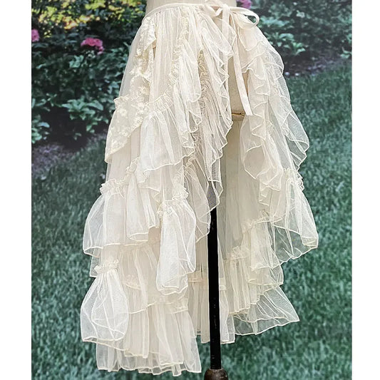 Double-Layered Waist Curtain Skirt - Asymmetrical Ruffle High-Low Cover-Up - Bottoms - Skirts - 1 - 2024