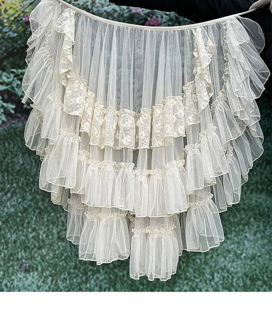 Double-Layered Waist Curtain Skirt - Asymmetrical Ruffle High-Low Cover-Up - Beige / M / 60cm - Bottoms - Skirts - 7