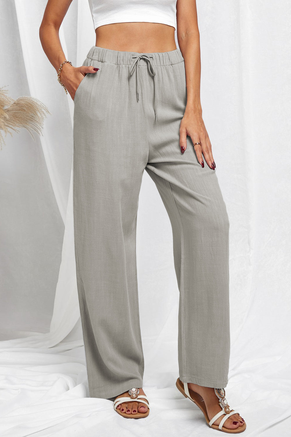 Drawstring Elastic Waist Pants with Pockets - Gray / XS - Bottoms - Pants - 9 - 2024