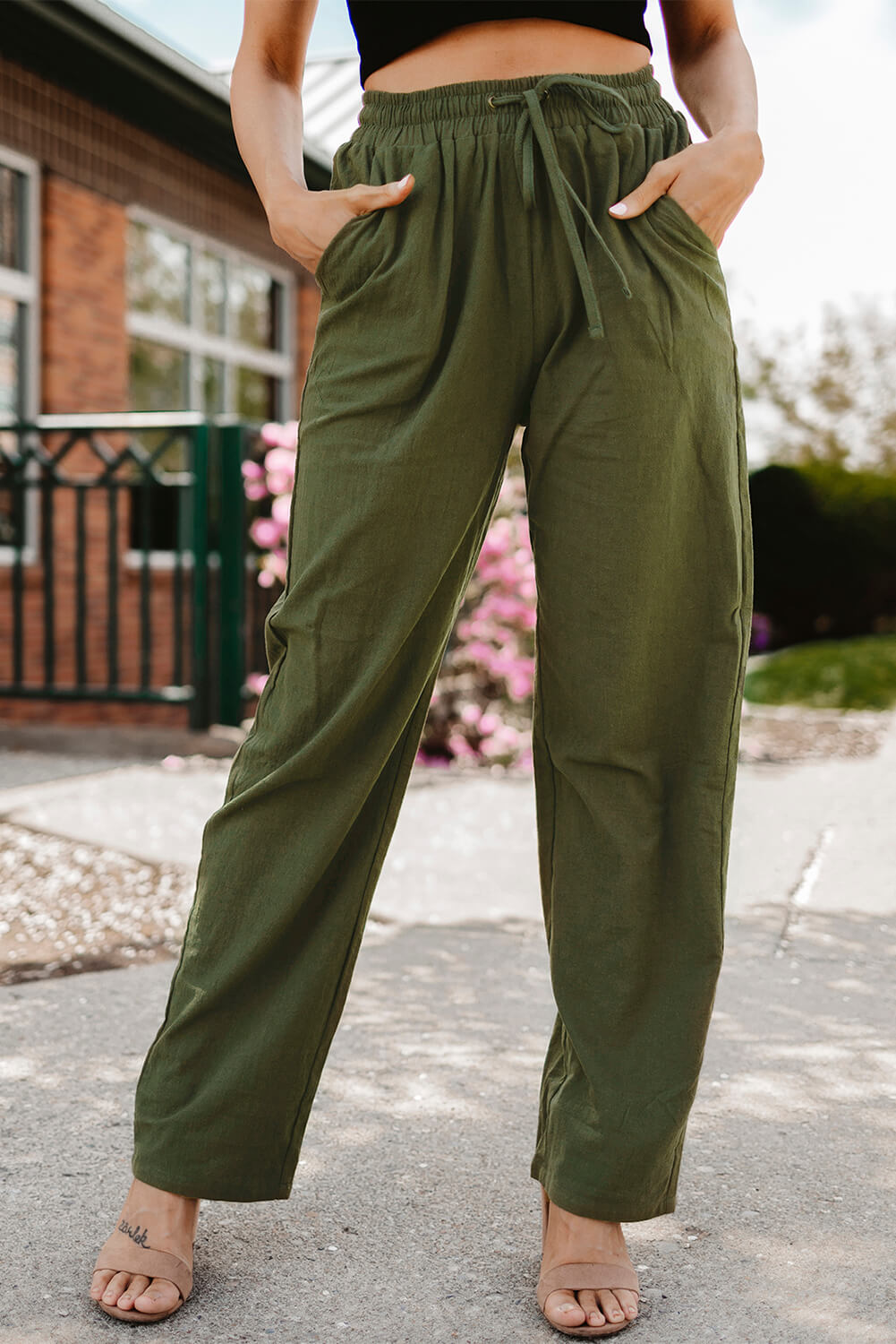 Drawstring Elastic Waist Pants with Pockets - Green / XS - Bottoms - Pants - 22 - 2024