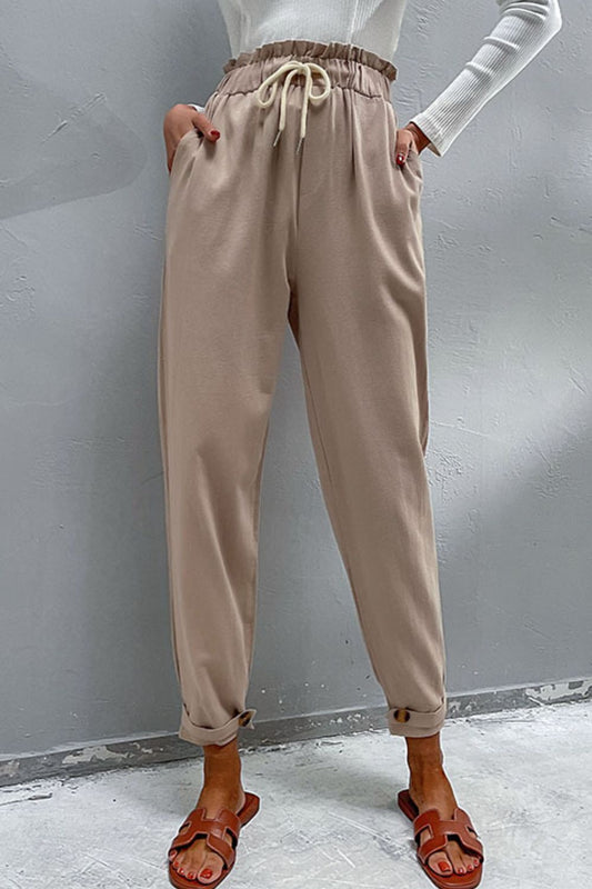 Drawstring Paperbag Waist Button Detail Pants - Khaki / S - Bottoms - Pants - 1 - 2024