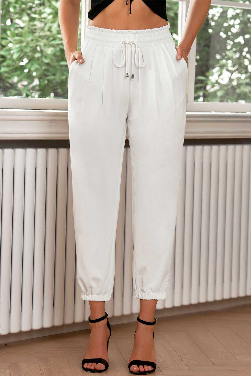 Drawstring Paperbag Waist Cropped Joggers - White / S - Bottoms - Pants - 6 - 2024