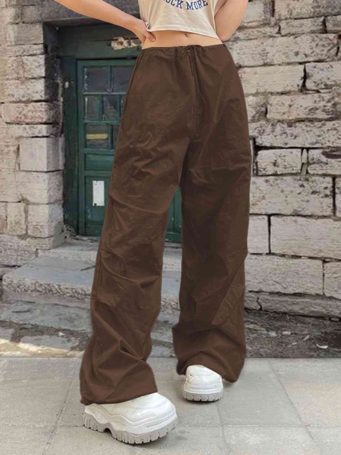 Drawstring Waist Pants with Pockets - Brown / XS - Bottoms - Pants - 4 - 2024