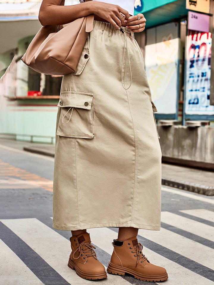 Drawstring Waist Slit Denim Skirt - Beige / S - Bottoms - Skirts - 4 - 2024