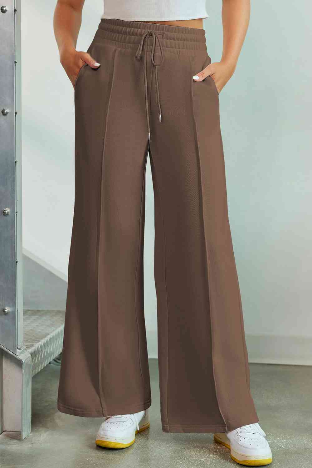 Drawstring Wide Leg Pants with Pockets - Brown / S - Bottoms - Pants - 32 - 2024