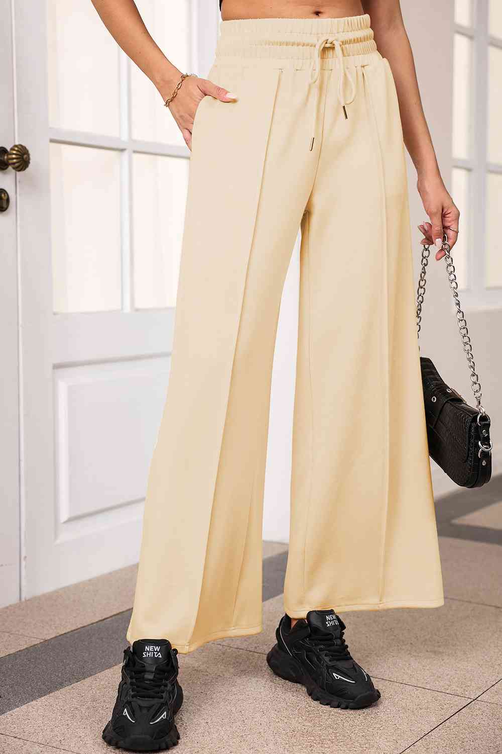 Drawstring Wide Leg Pants with Pockets - Yellow / S - Bottoms - Pants - 20 - 2024