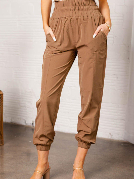 Elastic Waist Cropped Pants with Pockets - Brown / S - Bottoms - Pants - 1 - 2024