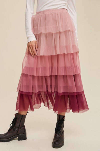 Elastic Waist Layered Tulle Midi Skirt - Pink / S - Bottoms - Skirts - 1 - 2024