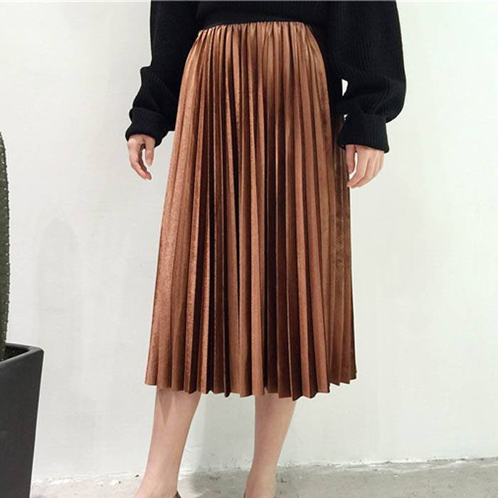 Elastic Waist Pleated Velvet Skirt - Brown / One Size - Bottoms - Cosmetics - 11 - 2024