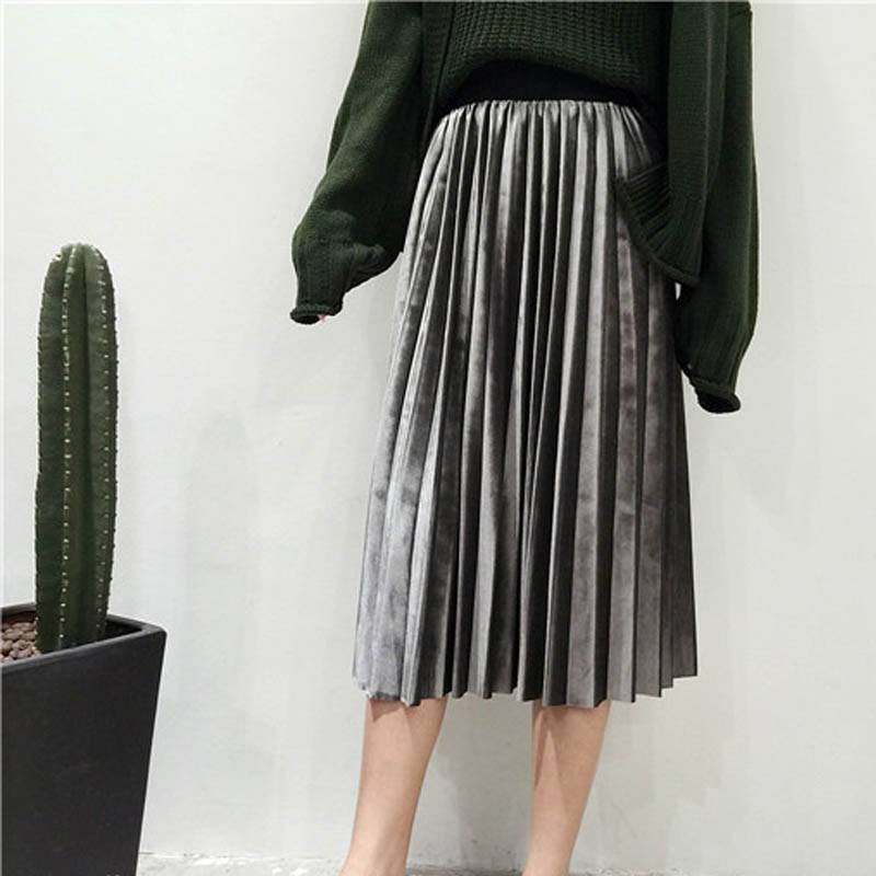 Elastic Waist Pleated Velvet Skirt - Gray / One Size - Bottoms - Cosmetics - 8 - 2024