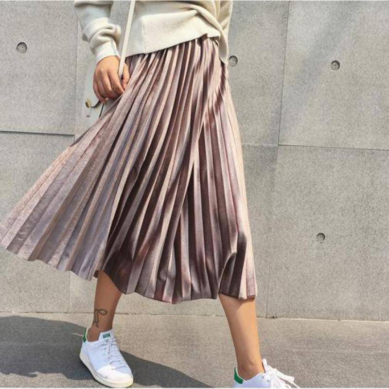 Elastic Waist Pleated Velvet Skirt - Khaki / One Size - Bottoms - Cosmetics - 7 - 2024