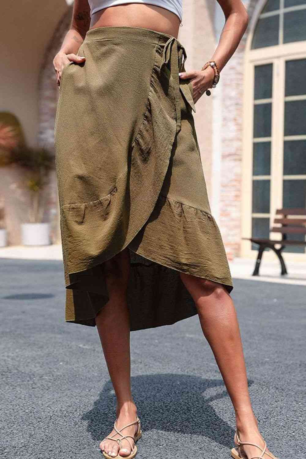 Elastic Waist Ruffled Skirt with Pockets - Brown / M - Bottoms - Skirts - 1 - 2024