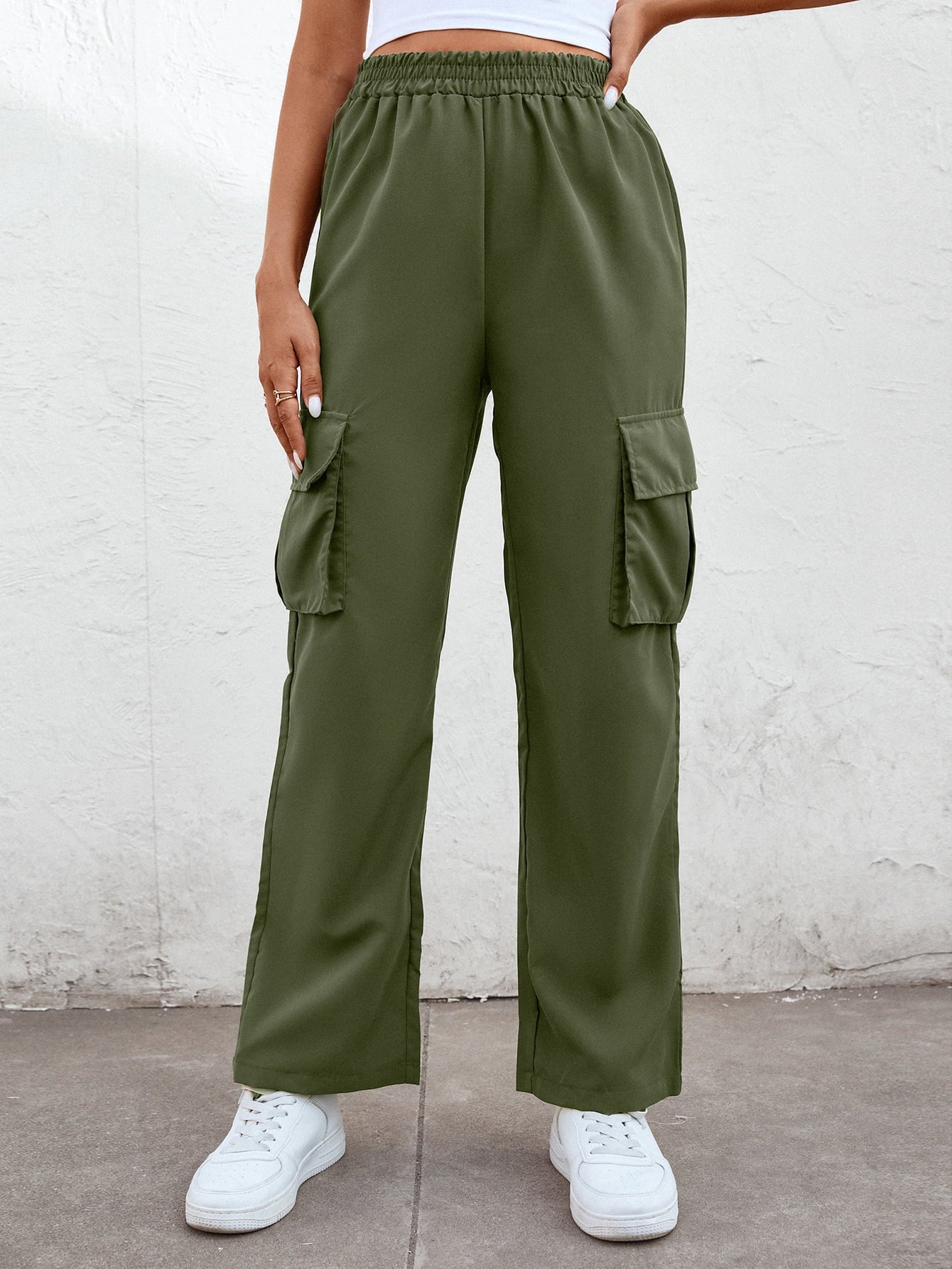 Elastic Waist Straight Leg Cargo Pants - Green / S - Bottoms - Pants - 1 - 2024