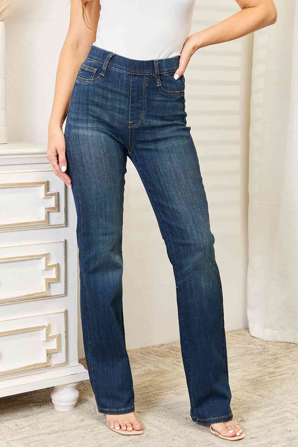 Elastic Waistband Slim Bootcut Jeans - Bottoms - Pants - 5 - 2024