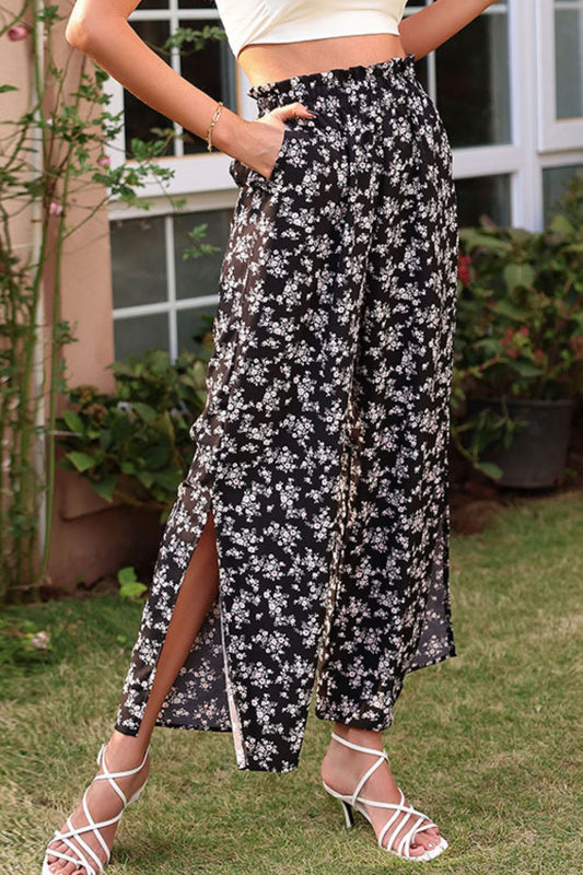 Floral Slit Ankle Wide Leg Pants - Black / S - Bottoms - Pants - 1 - 2024