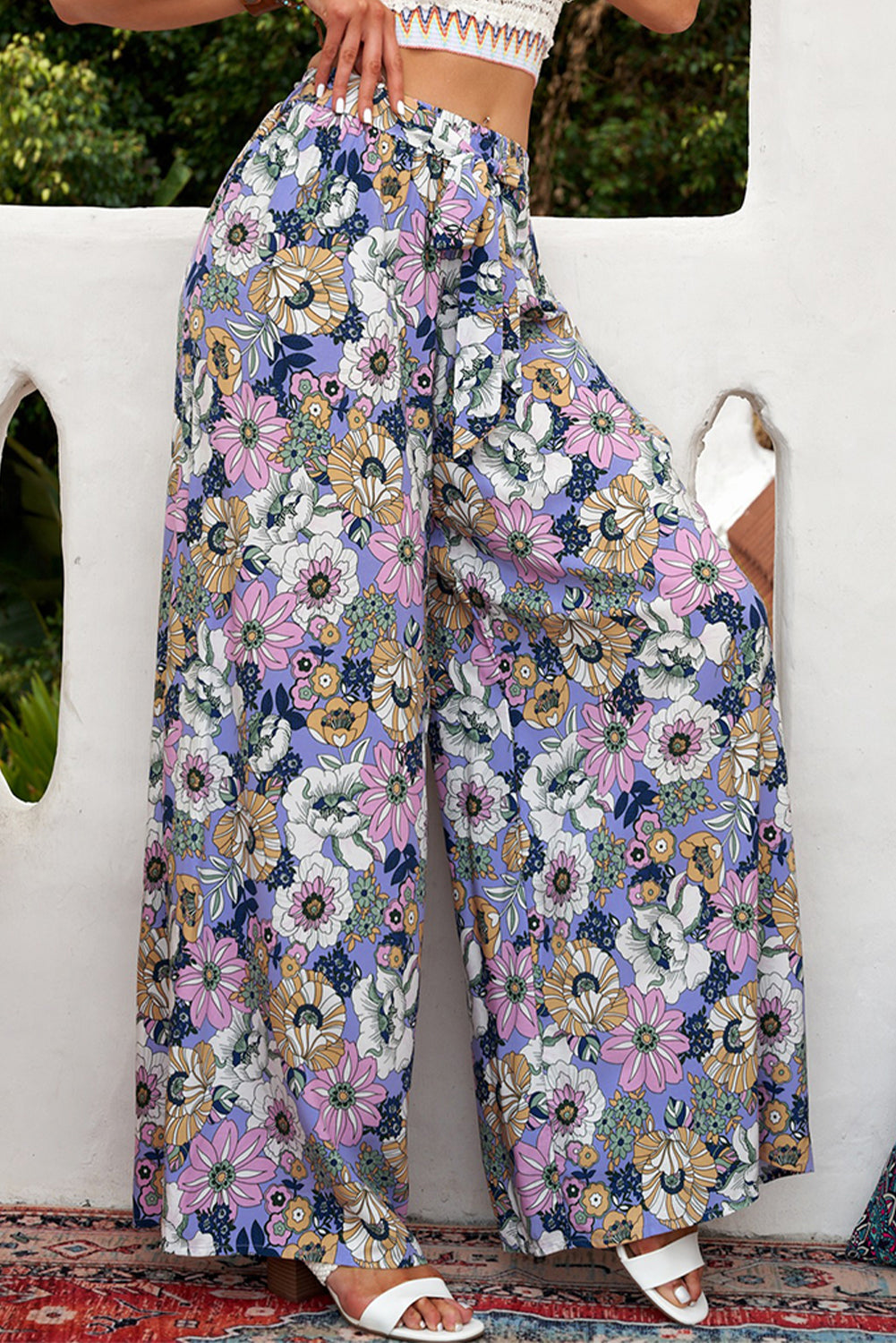 Floral Tie Belt Wide Leg Pants - Bottoms - Pants - 5 - 2024