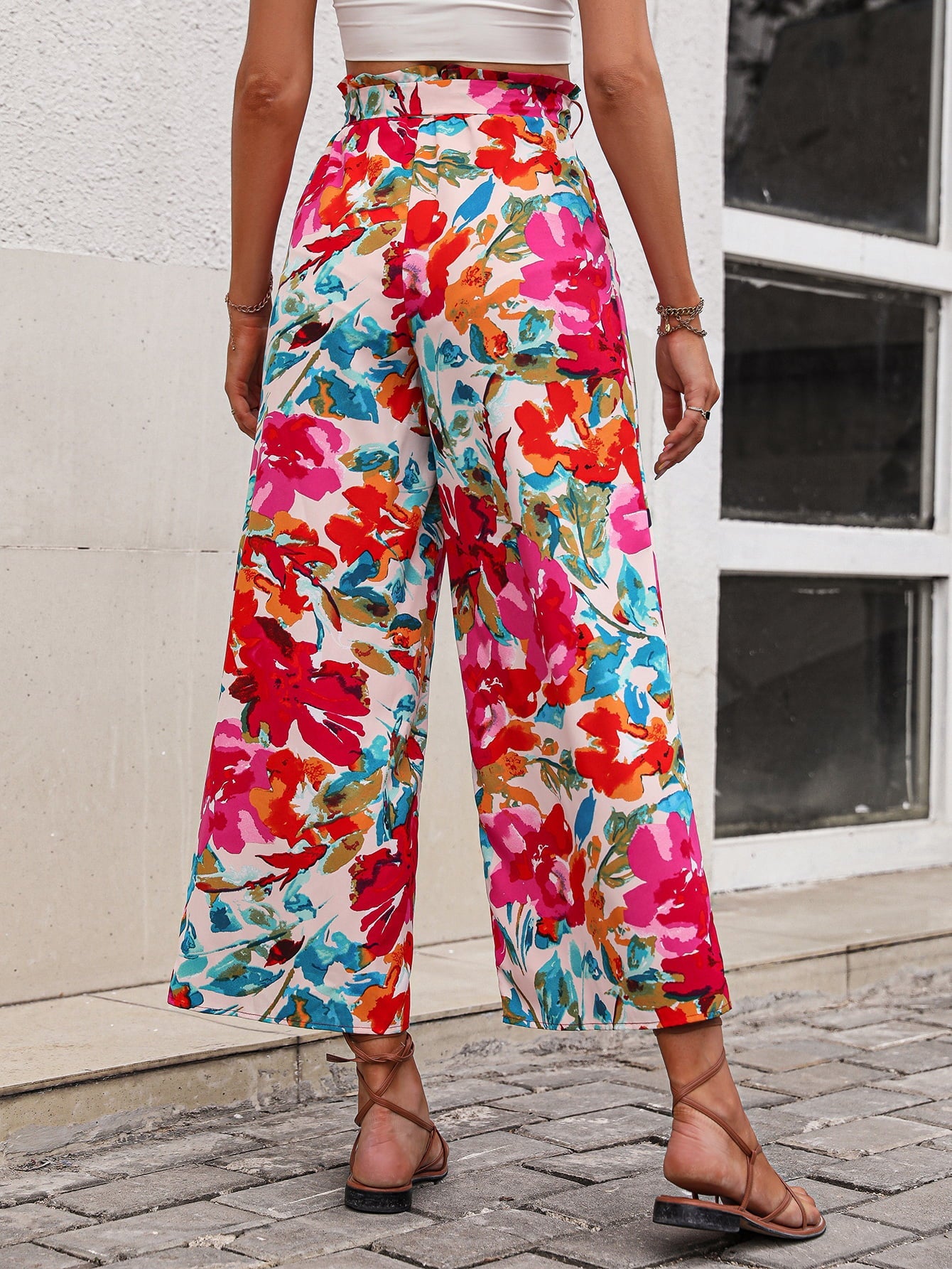 Floral Tie Belt Wide Leg Pants - Bottoms - Pants - 2 - 2024