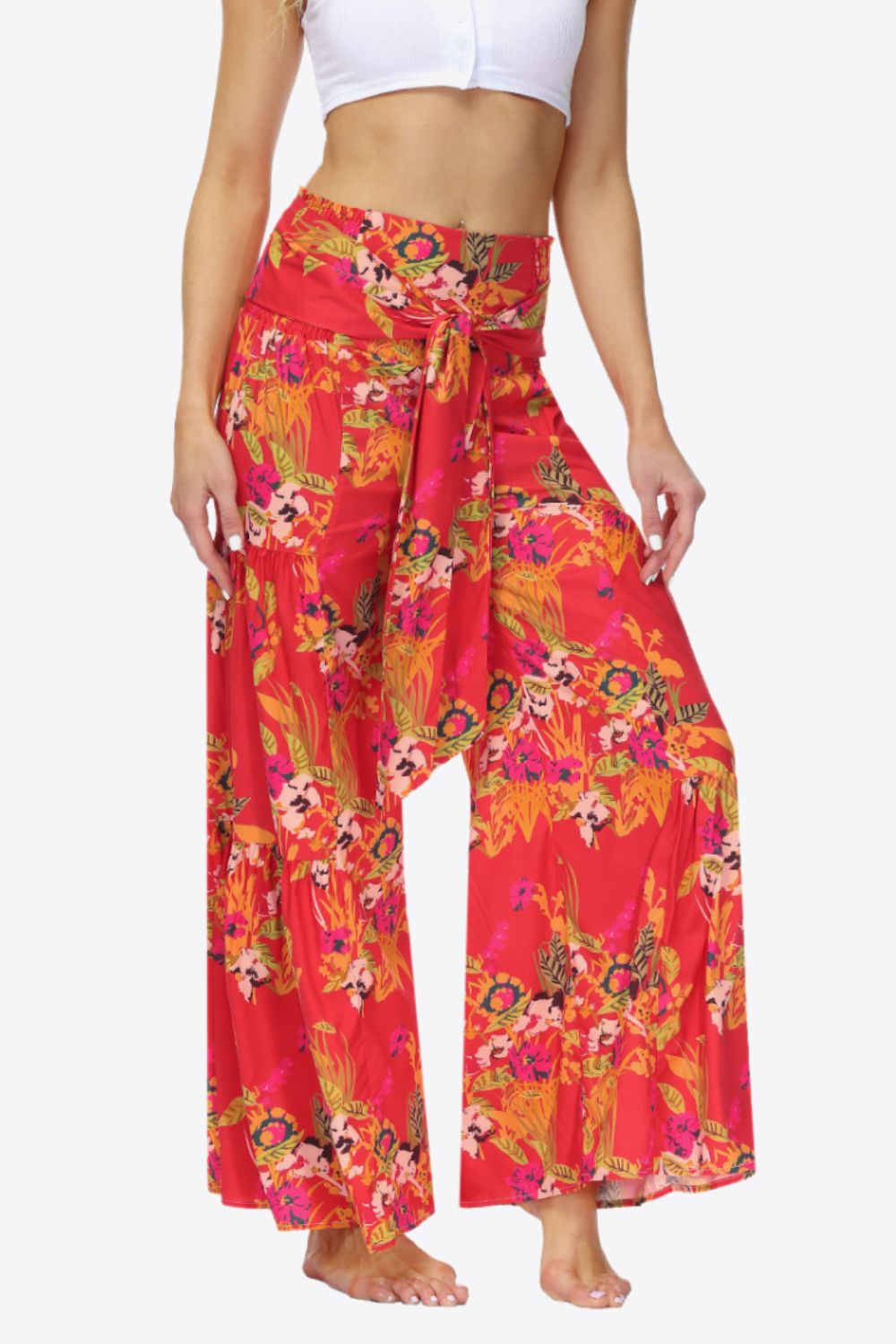 Floral Tie-Waist Tiered Culottes - Red / S - Bottoms - Pants - 17 - 2024