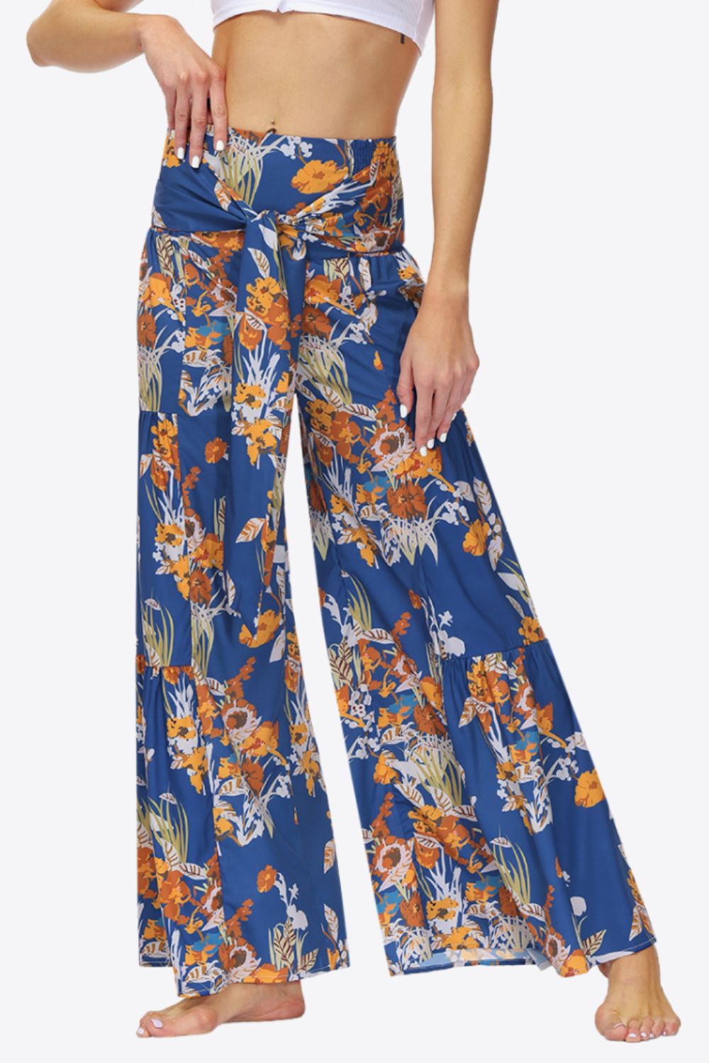 Floral Tie-Waist Tiered Culottes - Dark Blue / S - Bottoms - Pants - 20 - 2024